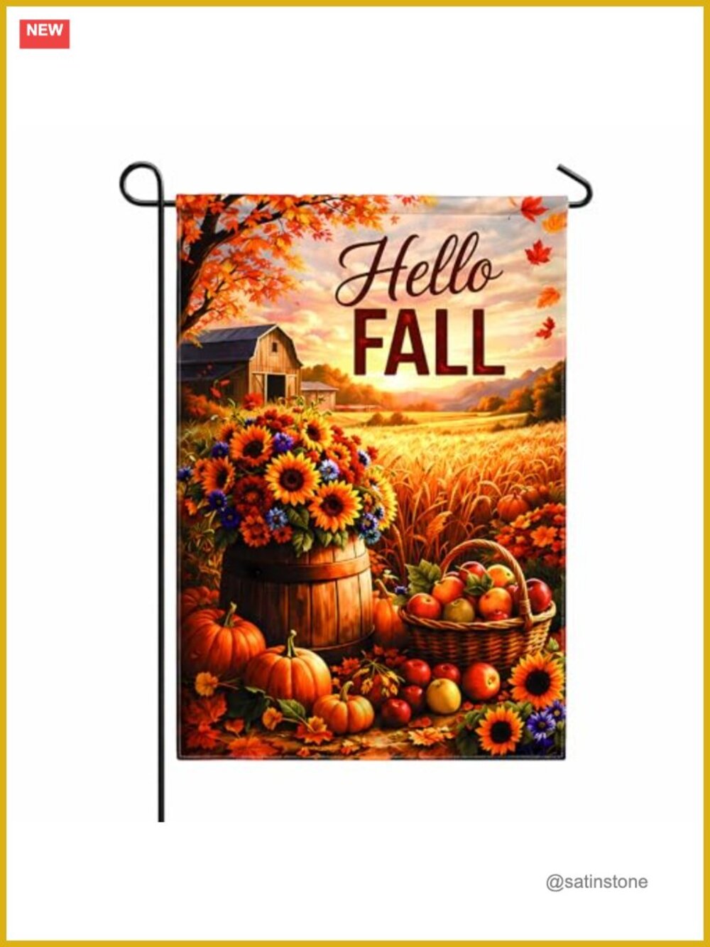 Double-Sided Hello Fall Garden Flag 12x18 Burlap Look Polyester